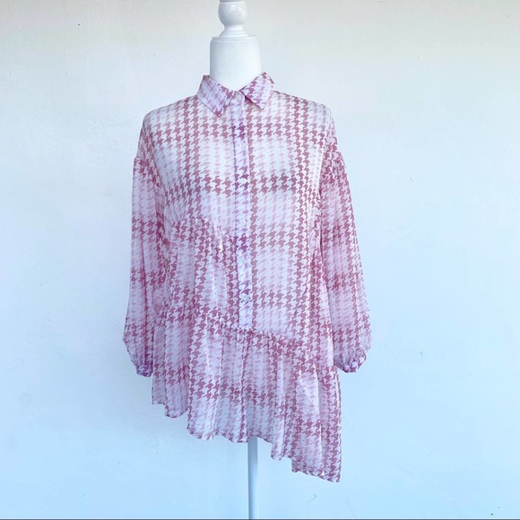 Topshop Pink Check Tiered Long Sleeve Asymmetrical Blouse Button Down Shirt - Picture 6 of 12
